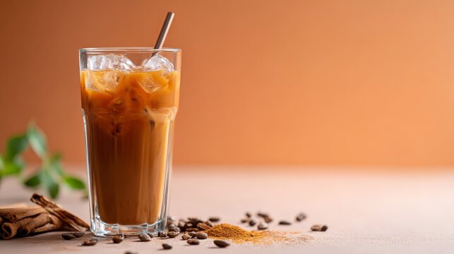 Closeup of a chilled iced chai latte with cinnamon swirls on a peach background, emphasizing cozy autumn refreshment and inviting copy space for branding or message
