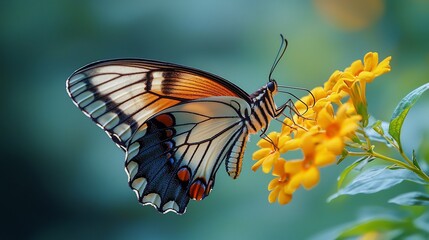 Detailed close-up of a vibrant butterfly with intricately patterned wings, delicately perched on a cluster of bright yellow flowers, showcasing the beauty of nature's details