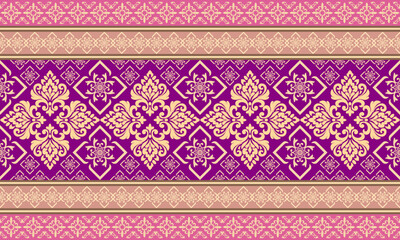Obraz premium Luxury purple and gold damask seamless border pattern. Elegant royal baroque floral texture for wedding invitations, fashion textile, fabric, and exclusive interior design vector illustration.