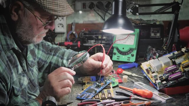 An elderly technician repairs computer equipment in a workshop using measuring instruments and technical tools. Slow motion.