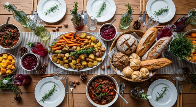 Festive Thanksgiving dinner table setting with roasted dishes & bread at home