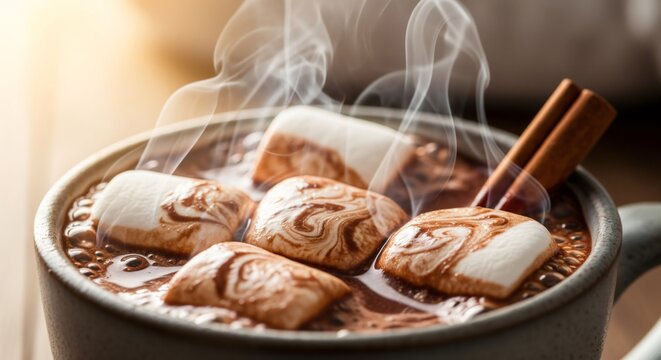 Steaming hot chocolate with marshmallows and cinnamon stick in cozy mug