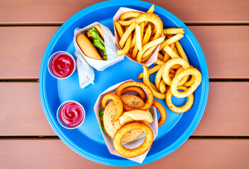 classic cheeseburger with french fries and onion rings combo