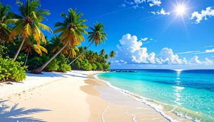 Sunny beach scene with palm trees, white sand, and turquoise waters under a bright blue sky. The sun shines brightly