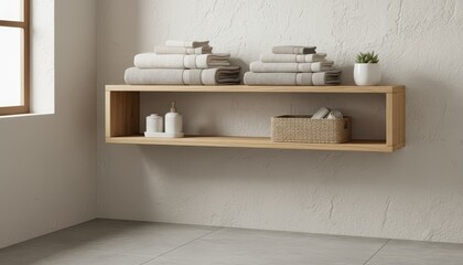 Scandi bathroom shelf with folded towels and neutral tones