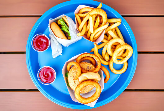 classic cheeseburger with french fries and onion rings combo