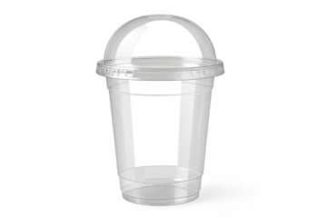 Clear plastic drink cup with a dome lid, empty disposable takeaway beverage container on transparent background