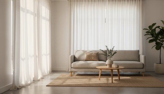 Minimal living room with cotton curtains and sunlight streaks