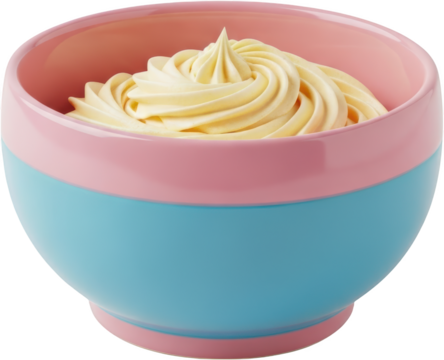 Close up of swirling pale yellow whipped cream or frosting filling a bi colored pink and blue bowl with a transparent background dessert sweet dairy creamy food treat confection