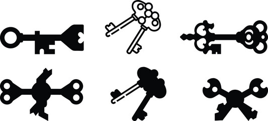 Antique skeleton keys vector set for security and access to a vintage house door lock