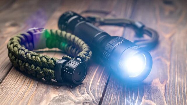 Flashlight and survival bracelet on wood.