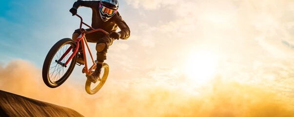 Fototapeta premium BMX Rider Air Jump at Sunset, action, extreme sports