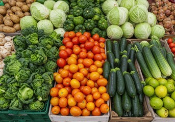 Fresh assorted produce display with vibrant vegetables and fruits, farmer's market haul, healthy eating ingredients