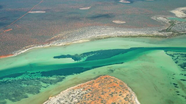 Scenic aerial landscape of Useless Loop coastline and crystallization ponds in Shark Bay region