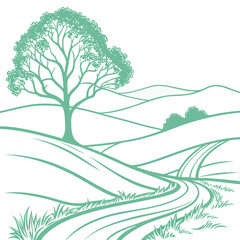Obraz premium Stylized green line art landscape with a large tree and winding road through rolling hills