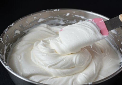 Creamy whipped topping being scraped from a metal bowl with a spatula for desserts and baking recipes - Powered by Adobe