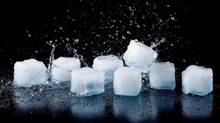 Brilliant closeup of glossy ice cubes glistening on a sleek black reflective surface with dynamic splashes and minimal space on the left, evoking freshness and coolness