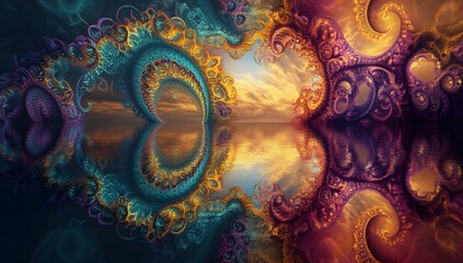 Fractal art with a symmetrical design reflecting in water at sunset