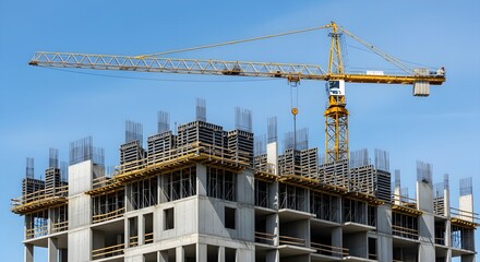 Modern construction site with crane against brilliant blue sky for real estate development projects and urban growth visuals