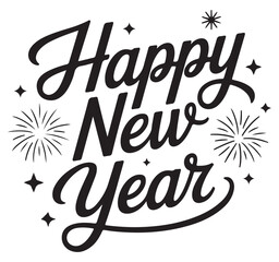 Happy New Year lettering vector calligraphy design with fireworks and stars isolated on white backgr