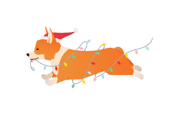 Cute Holiday Corgi Dog running off with Christmas lights. Mischievous pet holiday illustration for festive cards and seasonal designs. Humorous holiday scene in vector