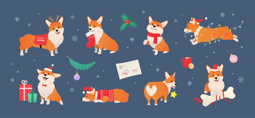 Cute Christmas Corgi Vector Set. Holiday Dog characters and Christmas Decor. Adorable pet wearing holiday outfits and Santa's hat in different poses