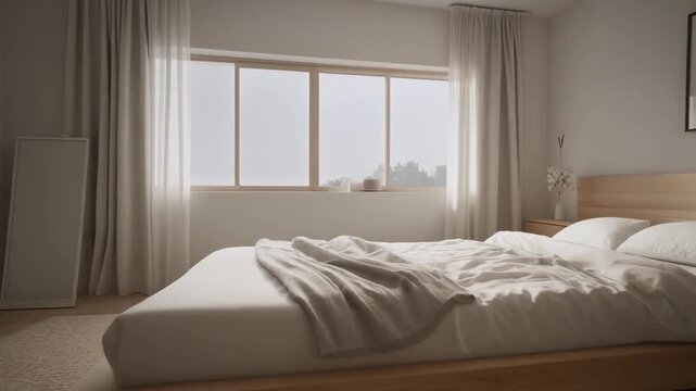 Clean Nordic bedroom with low wooden bed frame