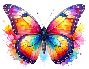 Watercolor Butterfly with Splash Art Wings and Soft Floral Accents, Front-Facing, Isolated PNG