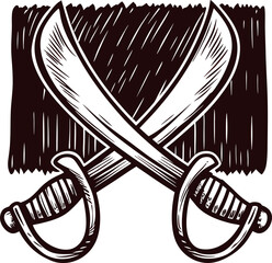 Obraz premium Hand drawn crossed pirate cutlasses isolated on white background vintage engraving illustration of swords
