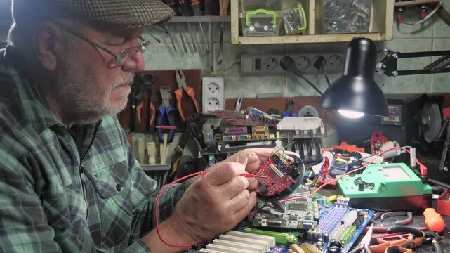 An elderly technician repairs computer equipment in a workshop using measuring instruments and technical tools. Slow motion.