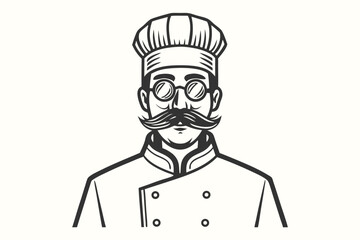 Line art features a chef with a large mustache wearing round spectacles and cook hat