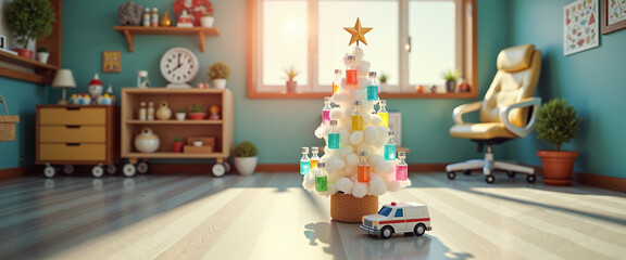 Naklejka premium Decorated Christmas tree made from medical supplies in sunny room 