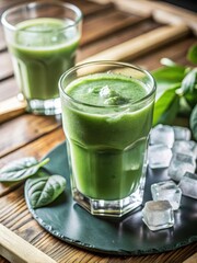 Fototapeta premium Fresh green juice in a glass cup with ice cubes on the table