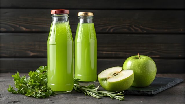 Two glass bottles filled with green apple juice with fresh apples and herbs