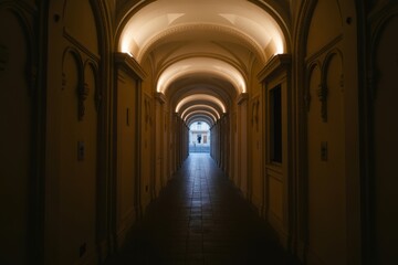 An ancient European abbey corridor of stone arches showing the light at the end of the tunnel