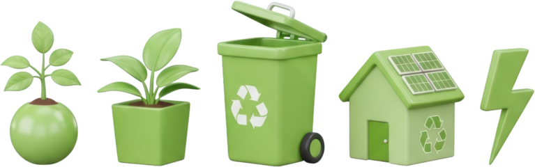 Green plants in pots recycling bin with symbol house with solar panels and lightning bolt signifying energy generation renewable ecology sustainability clean nature environment