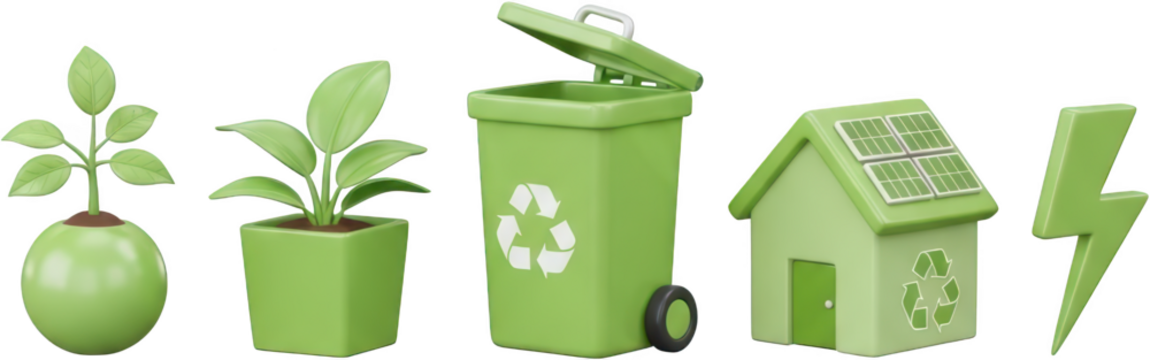Green plants in pots recycling bin with symbol house with solar panels and lightning bolt signifying energy generation renewable ecology sustainability clean nature environment