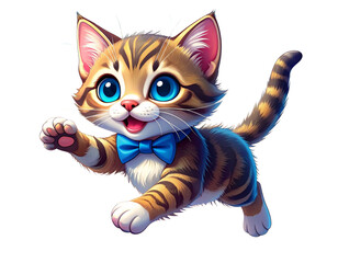 Cartoon Kitten in Dynamic Jumping Pose with Flowing Pink Bow Tie, Bright Cute Design, Isolated