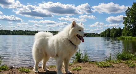 Fluffy white dog by serene lake under a bright blue sky dotted with puffy clouds
