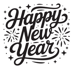 Happy New Year lettering festive vector illustration with fireworks and stars isolated on white back