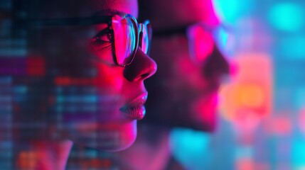 A vibrant, close-up view of two individuals with glasses, illuminated by colorful digital lights, suggesting a tech-savvy atmosphere.