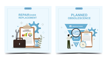 Card set Obsolescence Strategie. Cards displaying repair over replacement approach versus planned obsolescence methodology. Repairability concept ideal for business and industry. Vector illustration