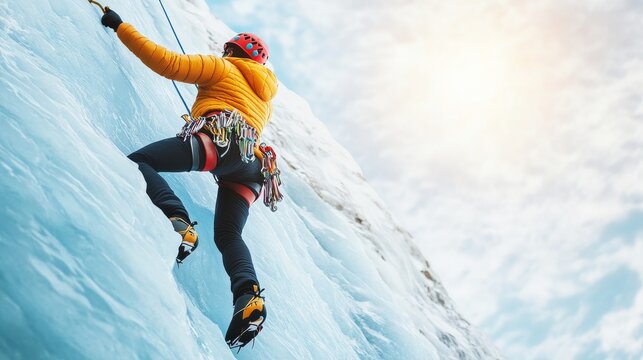 Ice Climber in Yellow Jacket Ascending Frozen Waterfall, Adventure , Sport