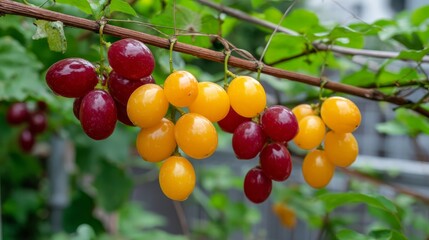 Closeup of vibrant yellow and red grapes hanging from a vine amidst lush green foliage with soft natural light and ample copy space