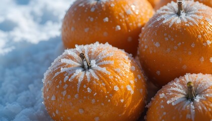  fresh winter apples covered in light frost resting on a wooden surface in cold outdoor daylight