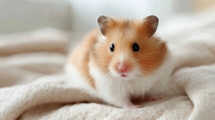 Closeup of a cute fluffy brown hamster with sharp whiskers and bright eyes on soft beige background, detailed and adorable, perfect for pet or animal themes