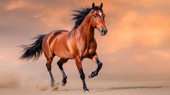 Majestic Bay Horse Galloping on Sand, Freedom , Equine