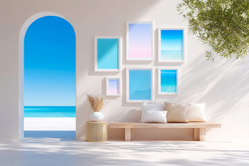Coastal decor with empty frame and abstract sea art collection
