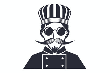 Striking chef icon presents monocromatic of an adult man wearing hat and glasses