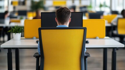 A person seated at a modern office desk with dual monitors, surrounded by a bright, minimalist workspace featuring yellow accents.